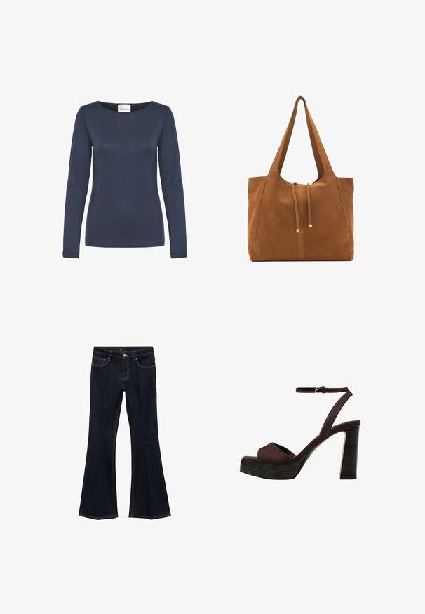 Long-sleeve navy blue top made of soft fabric with a rounded neckline and a fitted silhouette. Features a simple design with no patterns.; Dark blue denim jeans with high waist, front pockets, and flared wide legs, displayed flat on a white background.; Brown suede high-heeled sandal with an open toe, adjustable ankle strap, and a striped platform sole.; Brown suede tote bag with two long straps, drawstring closure, and minimalistic design. Smooth texture and no visible hardware accents.