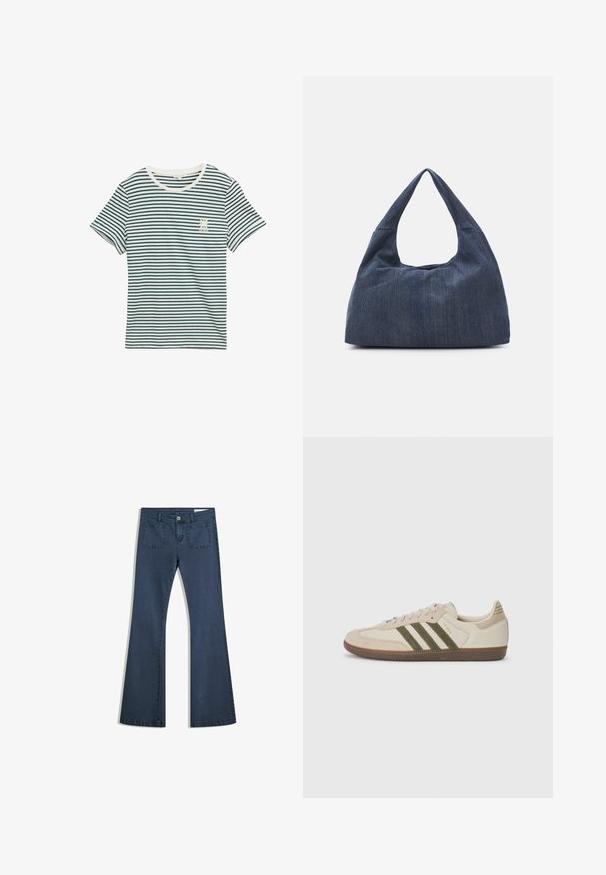 Puuvillane T-särk, millel on tumesinised ja valged horisontaalsed triibud, ümmargune kaelus, lühikesed varrukad ning väike graafiline detail vasakul rinnal.; Tummansiniset leveälahkeiset farkut, joissa on tikatut taskut, nappisuljenta ja sileä pinta. Ominaisuuksiin kuuluu klassinen viiden taskun muotoilu.; adidas Originals SAMBA OG UNISEX - Matalavartiset tennarit - alumina/medium dark khaki/gum; Tumma sininen denimi laukku, jossa on pehmeä ja löysä muoto, hobo-tyylinen kahva ja teksturoitu pinta. Ei näkyviä metalliosia.