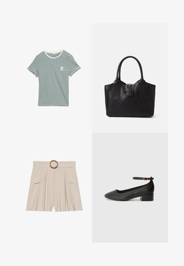 Medvilninis marškinėliai su tamsiai mėlynomis ir baltomis horizontaliomis juostelėmis, apvaliu kaklu, trumpomis rankovėmis ir maža grafika kairėje krūtinės pusėje.; Šviesiai rudos spalvos aukštai juosmeniški šortai su plačiu, lygia juosta, mediniu apvaliu užsegimu, klostuota priekiu ir dviem šoninėmis kišenėmis. Lygi audinio tekstūra.; Juodas odinis aukštakulnis batelis su smailiu pirštu ir žemu bloku. Su kulkšnies dirželiu su auksinės spalvos sagtimi. Lygus paviršius.; Juodas odinis nešiojamas krepšys su lygiu paviršiumi, struktūrine forma, dviem rankenėlėmis ir ryškiu sidabriniu sagties akcentu priekyje.