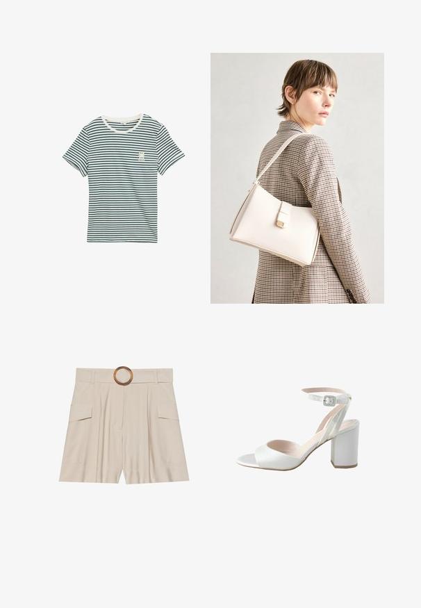 Katoenen t-shirt met marineblauwe en witte horizontale strepen, ronde halslijn, korte mouwen en een klein grafisch detail op de linkerborst.; Beige high-waisted shorts met een brede, platte tailleband, houten ronde gesp, geplooide voorkant en twee zijzakken. Glad textuur van de stof.; Witte hoge hak sandalen met een glanzende satijnen bovenkant, brede blokhak en enkelbandje met een kleine gesp. Glad van textuur, minimalistisch ontwerp.; Witte leren handtas met een gestructureerd ontwerp, voorzien van een magneetsluiting en een schouderriem, tentoongesteld tegen een neutrale achtergrond.