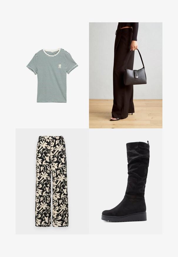 Pamut póló sötétkék és fehér vízszintes csíkokkal, kerek nyakkivágással, rövid ujjakkal, és kis grafikai részlettel a bal mellen.; Fekete, bő szárú nadrág krém színű virágmintával. Könnyű anyagból készült, sima tapintású és magas derékrésszel rendelkezik.; Fekete velúr térd fölé érő csizma, laza kialakítással, kerek orral és vastag, bordázott talppal.; Fekete kézi táska strukturált formával, sima textúrával és fémből készült záródással. Széles fekete nadrággal és nyitott orrú szandállal párosítva, fából készült padlón.