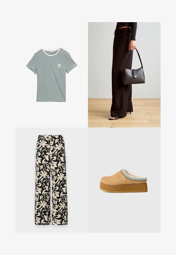 Baumwoll-T-Shirt mit marineblauen und weißen horizontalen Streifen, rundem Halsausschnitt, kurzen Ärmeln und kleinem grafischen Detail auf der linken Brust.; Schwarze weit geschnittene Hose mit einem cremefarbenen Blumenmuster. Hergestellt aus leichtem Stoff, mit einer glatten Textur und einem hohen Bund.; Brauner Slip-On-Clog mit strukturiertem Wildleder-Obermaterial, einem weichen Futter und einem bunten gewebten Akzent um den Kragen. Dicke Plattformsohle.; Schwarze Handtasche mit strukturierter Form, glatter Textur und einem metallischen Verschluss. Kombiniert mit weiten schwarzen Hosen und offenen Sandalen auf einem Holzboden.