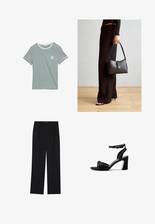 Tricou din bumbac cu dungi orizontale bleumarin și alb, guler rotund, mâneci scurte și un mic detaliu grafic pe pieptul stâng.; Pantaloni negri cu un design drept, dotati cu doua buzunare frontale si un talie. Fabricati dintr-un material usor si neted.; Sandale cu toc din suede negru, cu toc bloc larg, curea ajustabilă pentru glezne, design cu vârf deschis și detalii cusute în contrast.; Genți negre cu o formă structurată, textură netedă și un închizător metalic. Asortată cu pantaloni negri largi și sandale cu vârf deschis pe un podea din lemn.
