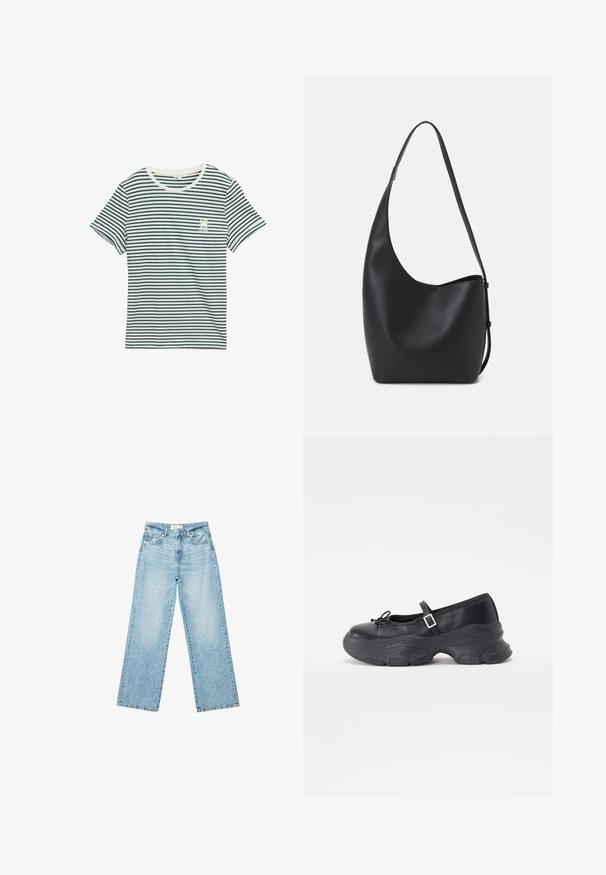 Pamučna majica s mornarskoplavim i bijelim horizontalnim prugama, okruglim izrezom, kratkim rukavima i malim grafičkim detaljem na lijevoj strani prsnog koša.; Svijetloplave široke traperice s visokim strukom, s izbljeđenim pranjem i malim, raštrkanim oštećenjima na cijeloj površini.; Crne kožne Mary Jane cipele s okruglim vrhom, detaljem u obliku mašne i podesivom naramenicom oko gležnja. Imaju debeli gumeni đon s zakrivljenim naglascima.; Crna kožna hobo torba s glatkom teksturom, zakrivljenim oblikom i jednom podesivom trakicom; ima širok otvor na vrhu.