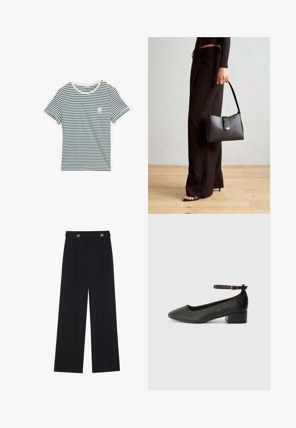 Camiseta de algodón con rayas horizontales en azul marino y blanco, cuello redondo, mangas cortas y un pequeño detalle gráfico en el lado izquierdo del pecho.; Pantalones de pierna ancha negros con cintura alta, detalles de botones en la cinturilla y pliegues en la parte delantera.; Zapato de tacón negro de cuero con punta afilada y tacón bajo cuadrado. Presenta una correa para el tobillo con una hebilla en tono dorado. Textura suave.; Bolso negro con forma estructurada, textura suave y un cierre metálico. Combinado con pantalones anchos negros y sandalias de dedo en un suelo de madera.