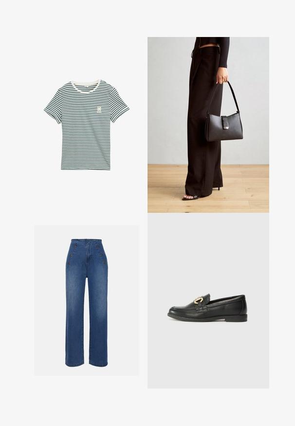 Puuvillane t-särk, millel on mereväe sinised ja valged horisontaalsed triibud, ümmargune kaelus, lühikesed varrukad ja väike graafiline detail vasakul rinnal.; Keskmise sinise värviga kõrge vöökohaga teksad. Omavad esipoolsete nööbiefekte ja laia jala disaini. Kanga tekstuur on sile ja kerge kulumisega.; Must mustri kingad ümarate varvastega, mustast nahast, millel on kuldse tooni pandla aksessuaari ja madala kontsaga, sujuva tekstuuri ning minimaalne õmblusdetail.; Must musta kott, millel on struktureeritud kuju, sile tekstuur ja metallist klamber. Kombineeritud laiate mustade pükstega ja avatud varvaste sandaalidega puidust põrandal.