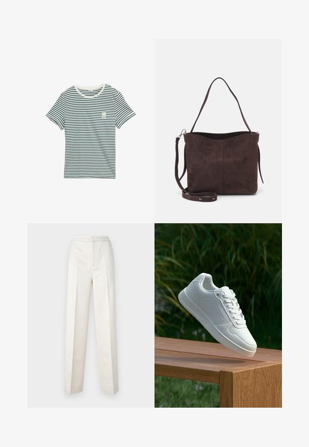 Kratka bombažna majica z navpičnimi modrimi in belimi črtami, okroglo izrezom, kratkimi rokavi in majhnim grafičnim detajlom na levem prsnem predelu.; Hlače kremaste barve s krojem po meri, vsebujejo ravno nogavico, gladko blago, sprednje naborke in čist rob. Minimalističen dizajn.; Bela teniska s gladkim sintetičnim zgornjim delom, perforiranim prednjim delom, ravnimi vezalkami in teksturiranim podplatom, prikazana na leseni površini.; Rjava gamoška torba z mehkobo teksturo, ki ima en samo ramenski trak in subtilno ukrivljen zgornji del. Brez vidnih kovinskih detajlov.
