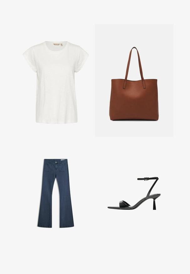 Bela kratka majica s kratkimi rokavi in okroglo ovratnikom, izdelana iz mehkega, lahkega materiala ter sproščenega kroja. Brez opaznih vzorcev ali dodatkov.; Temno modri široki kavbojke iz denima s prišitimi žepi, gumbom za zapiranje in gladko teksturo. Imajo klasičen dizajn s petimi žepi.; Bershka Sandali z visoko peto - black; Rjava usnjena torba z gladko teksturo, odprto zasnovo zgoraj in dvema naramnima trakovoma. Opremljena je z minimalnim šivanjem in brez vidnih kovinskih delov.