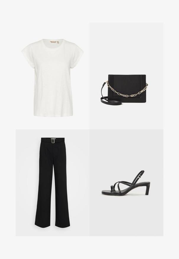 White short-sleeve T-shirt with a round neck, soft, lightweight fabric, and a relaxed fit. No notable patterns or accents.; Black wide-leg trousers made of lightweight fabric, featuring a smooth texture, front pleats, and a belt with a square metal buckle.; Black strappy sandal with a square toe and a low block heel. Features multiple thin straps and an adjustable ankle strap. Made of smooth leather.; Black leather crossbody bag featuring a smooth texture, rectangular shape, and a metallic chain detail on the front. Adjustable strap included.