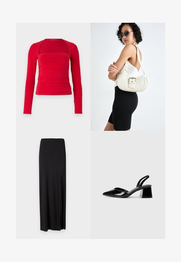 Blusa longa vermelha com decote quadrado, laterais franzidas e um design ajustado. Feita de tecido macio com uma textura suave.; Saia maxi preta feita de material suave e elástico. Apresenta uma fenda lateral e um design simples e elegante, sem adornos.; Sandy em verniz preto com salto slingback, ponta afilada e salto geométrico. Apresenta um design elegante e minimalista com textura suave.; Bolsa de couro branca com um formato curvado, alça ajustável e um pequeno detalhe de fivela. Modelo usa um traje preto ajustado.