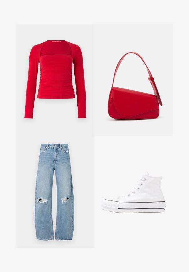 Haut rouge à manches longues avec un encolure carrée, des côtés froncés et une coupe ajustée. Fabriqué en tissu doux avec une texture lisse.; Jeans en denim bleu clair à taille haute. Présentent des jambes larges, deux zones déchirées aux genoux et un style classique à cinq poches.; Baskets montantes en toile blanche avec semelle en caoutchouc noir, capuchon en caoutchouc à l'avant, et six œillets pour les lacets, présentant un design épuré et minimaliste.; Sac à main en cuir rouge avec un design angulaire et géométrique. Il dispose d'une seule sangle ajustable et d'une fermeture à rabat avec un detailing cousu.