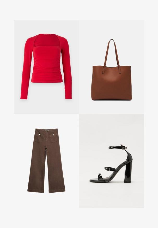 Top rosso a maniche lunghe con scollatura quadrata, fianchi arricciati e design aderente. Realizzato in tessuto morbido con una texture liscia.; Pantaloni larghi marroni in cotone, con due tasche frontali decorate da bottoni argentati e una texture liscia.; Sandali con tacco in vernice nera, con punta squadrata, cinturini alla caviglia e fibbie in argento. Presentano un tacco a blocco spesso per maggiore stabilità.; Borsa tote in pelle marrone con texture liscia, design con apertura superiore e due spallacci. Presenta cuciture minime e nessun hardware visibile.