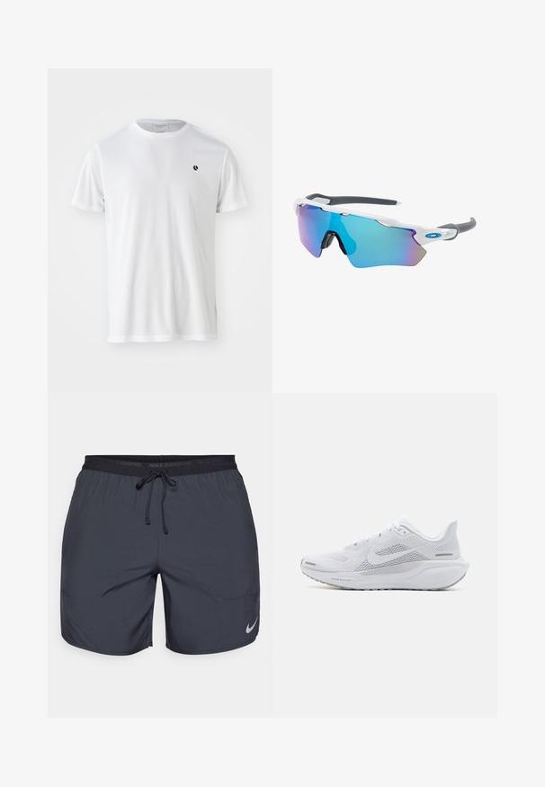 Λευκό κοντομάνικο μπλουζάκι φτιαγμένο από υφασμάτινη ύλη, με στρογγυλή λαιμόκοψη και ένα μικρό μαύρο λογότυπο στο στήθος.; Σορτς τρεξίματος Nike σε σκούρο γκρι, με ελαστική μέση και κορδόνι, καθώς και ασημένιο λογότυπο στη κάτω δεξιά πλευρά του ποδιού.; Λευκό αθλητικό παπούτσι με άνω μέρος από δίχτυ, λεία επικαλύψεις, γκρι λεπτομέρειες, κορδόνια και με σόλα αφρώδους υλικού που έχει σχεδιαστεί για απόδοση.; Γυαλιά ηλίου με λευκό σκελετό, γκρι λεπτομέρειες και μπλε καθρέφτες φακούς. Αθλητικός σχεδιασμός, περιμετρικό σχήμα και ρυθμιζόμενα μαξιλαράκια μύτης.