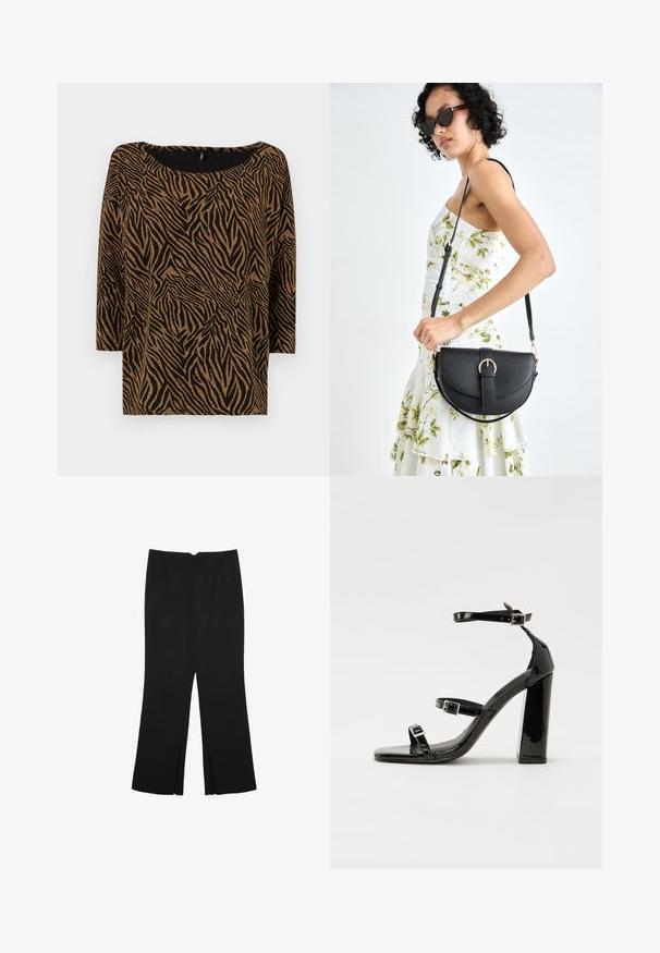 Črna majica z vzorcem zebre v zlati barvi, z širokim izrezom in rokavi do tri četrtine, izdelana iz teksturiranega materiala.; Črne hlače ravnega kroja z naglavnimi žepi in stranskimi razporki na robu. Narejene iz mehke, gladke tkanine. Primerne za različne priložnosti.; Črne lakirane sandale s peto, kvadratnim prstom, trakovi okrog gležnja in srebrnimi zaponkami. Opremljene so s stabilno Debelo peto.; Črna usnjena torbica s ukrivljeno obliko, z odstranljivo naramnico in zlatimi dodatki. Torbica ima pokrov s podrobnostmi v obliki zaponke.