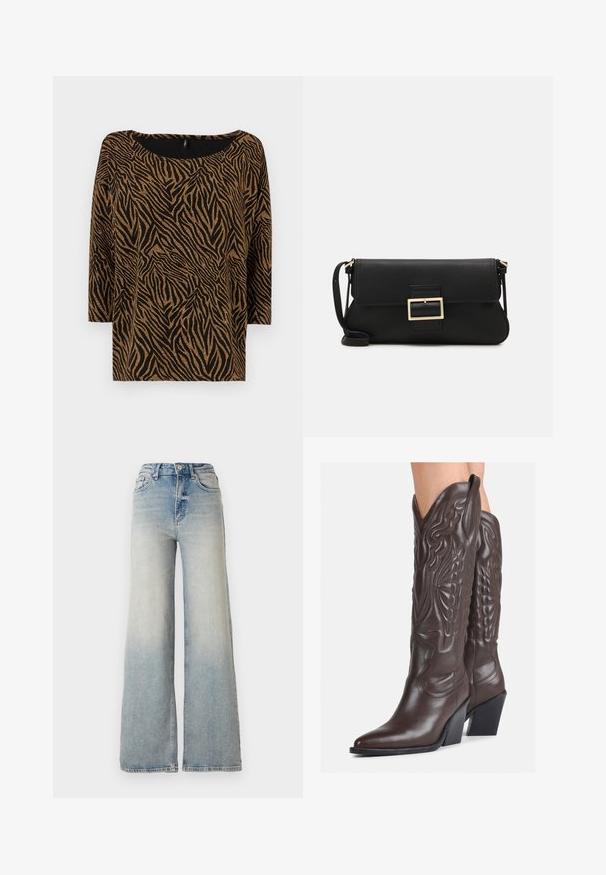 Zwarte top met een zebra-print in goud, voorzien van een brede halslijn en driekwart mouwen, gemaakt van een gestructureerd materiaal.; Lichtblauwe wijdlopende spijkerbroek van denim, met een hoge taille, vijf zakken en zichtbare stiksels langs de naden.; Bruine leren cowboylaarzen met een spitse neus en blokhak, voorzien van gedetailleerde stiksels en verhoogde accenten op de schacht.; Zwarte leren clutch met een klep en een gouden metalen sluiting. Inclusief een zwarte schouderband en een slank, minimalistisch ontwerp.