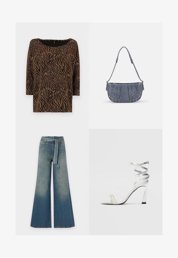 Juodas viršus su zebrų raštu auksinės spalvos, su plačiu iškirpimu ir trijų ketvirčių rankovėmis, pagamintas iš tekstūruotos medžiagos.; Platus džinsinis kelnes su šviesiai tamsiai mėlynu gradientu, aukštu juosmeniu, diržo kilpomis ir atitinkančiu audinio diržu. Textūruotas džinsinis paviršius.; Sidabrinė aukšto kulno sandalai su blizgiu diržo dizainu, featuring perlo panašus akcentas ir spiralinė kulkšnies dirželis saugiam prisitaikymui.; Denimo peties krepšys su raukšlėtu dizainu, mėlynos spalvos, sidabro spalvos studų akcentai palei kraštus ir tekstūruota petneša.