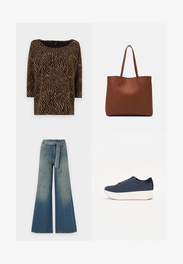 Fekete felső, arany zebra mintával, széles nyakkivágással és háromnegyedes ujjakkal, textúrált anyagból készült.; Bőszárú farmernadrág, világos és sötétkék árnyalatokkal, magas derekú, övgyűrűkkel és a nadrággal megegyező anyagú övvel. Textúrált farmer kivitel.; Sötétkék sportcipő, texturált szövet felsőrész, fehér platform talp, lekerekített orr és fekete sarok akcentussal. Hat fűzőlyuk található rajta.; Barna bőr vászontáska sima textúrával, nyitott tetejű dizájnnal és két vállpánttal. Minimális varrással és látható hardver nélkül készült.