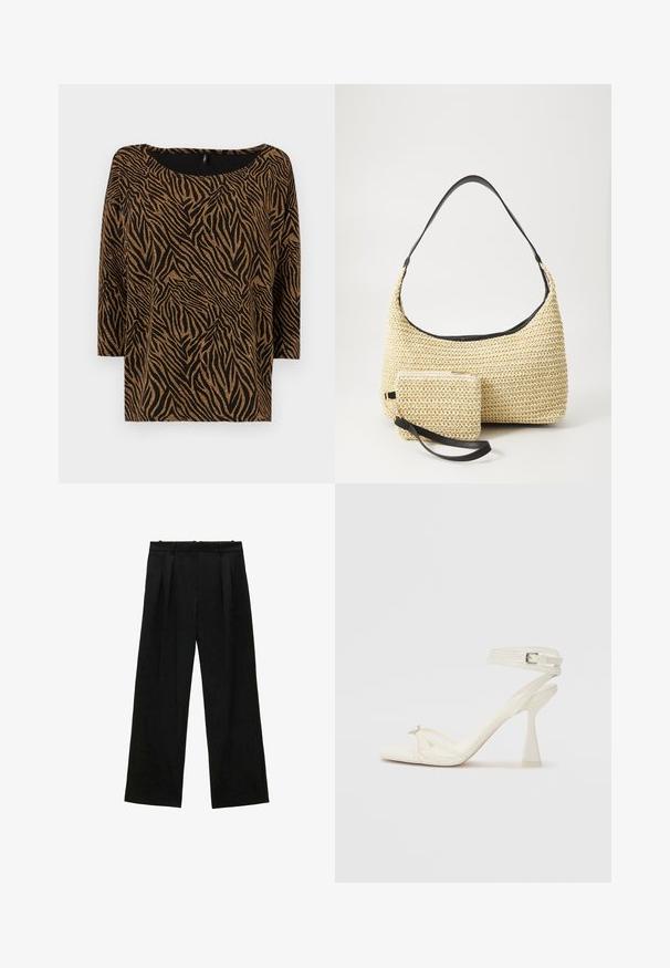 Top negru cu un model de imprimeu zebră în aurie, având un decolteu larg și mâneci trei sferturi, fabricat dintr-un material texturat.; Pantaloni negri cu picioare largi și pliseuri, având o textură netedă și un design cu talie înaltă. Stil minimalist, fără accesorii sau detalii vizibile.; Sandalele cu toc înalt, cu bretele, din piele albă, cu un design elegant, toc transparent și un element decorativ la vârf.; Geantă din paie țesută, cu o siluetă curbată, având o curea din piele neagră netedă și un plic mic asortat, atașat printr-un breloc pentru încheietură.