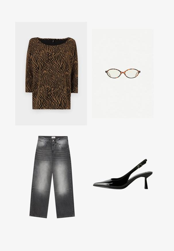 Černý top se zebrovaným vzorem ve zlaté barvě, s širokým výstřihem a tříčtvrtečními rukávy, vyrobený z texturovaného materiálu.; Široké černé džíny z denimu s vybledlým šedým povrchem, s předními kapsami, zapínáním na knoflík a mírným poškozením na kolenou.; Černé lakované kožené lodičky na podpatku s špičatou špičkou, výřezy na stranách, nastavitelným páskem kolem kotníku a tenkým, elegantním podpatkem.; Želvovinové brýle s oválnými čočkami a hladkým, jemným povrchem. Má tenké bočnice s jemným zakřivením v chrámcích. Čiré čočky.; Černá kožená psaníčko s klopou a zlatým kovovým detailním sponou. Součástí je černý popruh a elegantní, minimalistický design.