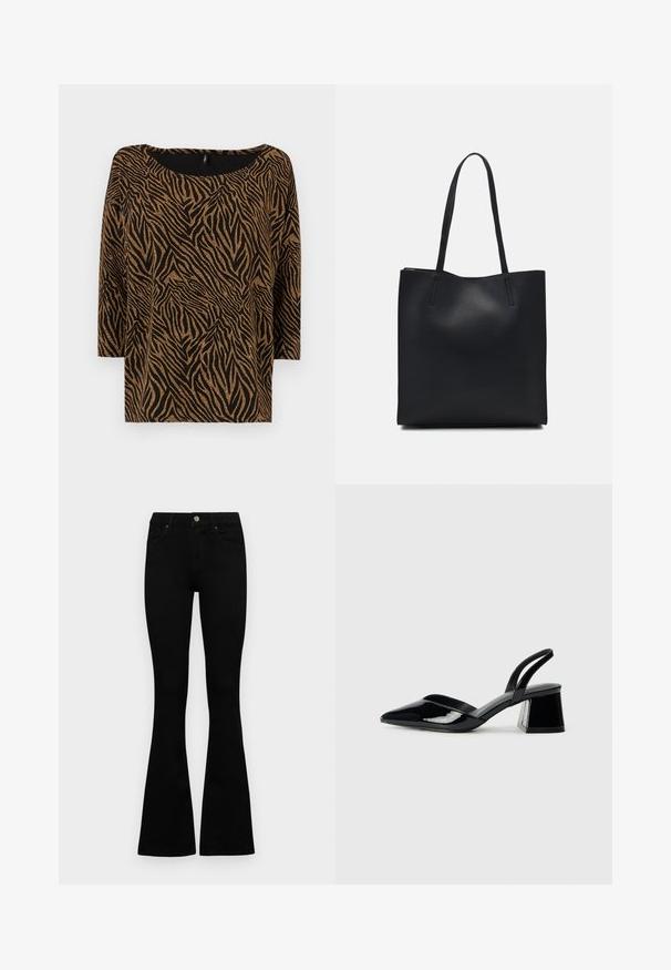 Crna bluza sa uzorkom tigra u zlatnoj boji, sa širokim izrezom i rukavima do tri četvrtine, izrađena od teksturiranog materijala.; Crne traperice viskog struka s kopčanjem na gumb i rajfeslusu, prednjim džepovima i širom nogavicama položene su ravno na bijeloj pozadini.; Crne lakirane kožne sandale s otvorenom petom i špicastim vrhom, s geometrijskom blok petom. Imaju elegantan, minimalistički dizajn i glatku teksturu.; Crna kožna torba za nošenje s glatkom teksturom, pravokutnim oblikom i dvije duge ručke. Nema vidljivih metalnih dijelova ili ukrasa.