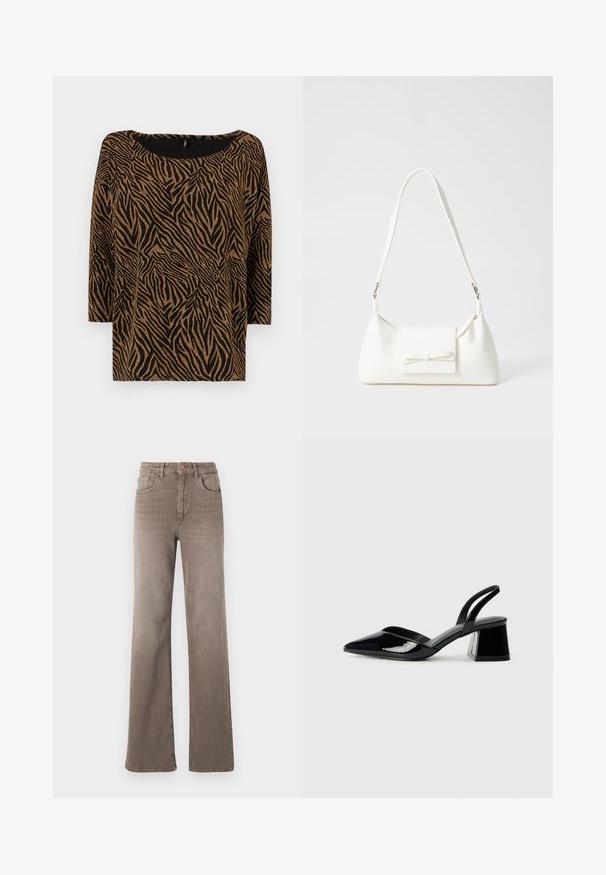 Čierny top so vzorom zebry v zlatej farbe, s širokým výstrihom a trojštvrťovými rukávmi, vyrobený z štruktúrovaného materiálu.; Hnedé high-waist rovné džínsy so zapínaním na prednej strane, pútkami na opasok a klasickým dizajnom s piatimi vreckami na bielom pozadí.; Čierne lakované kožené sandálové podpätky s špicatou špičkou a geometrickým blokovým podpätkom. Disponujú elegantným, minimalistickým dizajnom a hladkým povrchom.; Biela syntetická kabelka s trojuholníkovým tvarom, plochým predným klapkou a detailom mašle, nastaviteľným popruhom, hladkou textúrou a minimalistickým dizajnom.