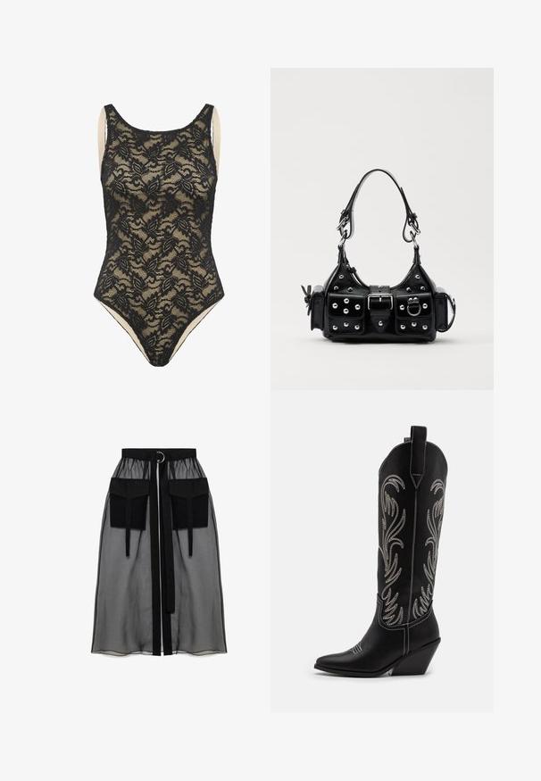 Svart blommig spetsbodysuit utan ärmar med nude-foder och rund halsringning.; Svart genomskinlig kjol med en rynkad midja, utrustad med två stora framfickor, ett midjesnöre och en cirkulär metallaccent.; Svarta lädercowboystövlar med spetsiga tår, kilklackar och silverbroderade blommönster längs skaftet. Kontraststickning genom hela stöveln.; Svart läderhandväska med en kurvad design, prydd med silverfärgade nitar, ett spänne och två sidofickor. Justerbar rem för olika bäralternativ.