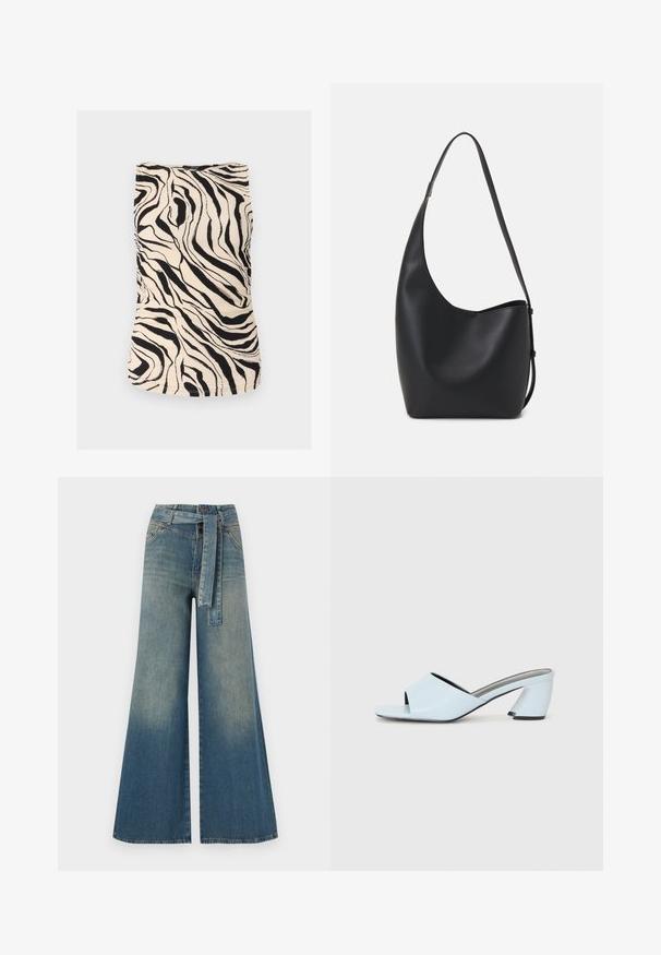 Fekete és krém színű zebra mintás ujj nélküli felső texturált anyagból, testhezálló fazonnal és kerek nyakkivágással. Az oldalain vízszintesG ráncolás található.; Bőszárú farmernadrág, világos és sötétkék árnyalatokkal, magas derekú, övgyűrűkkel és a nadrággal megegyező anyagú övvel. Textúrált farmer kivitel.; Világoskék, nyitott orrú, sarkú mules cipő geometrikus mintázattal, széles pánttal a lábfejen és tömzsi, szögletes sarkal.; Fekete bőr hobo táska sima textúrával, ívelt formával és egyetlen állítható pánttal; széles nyílás található a tetején.