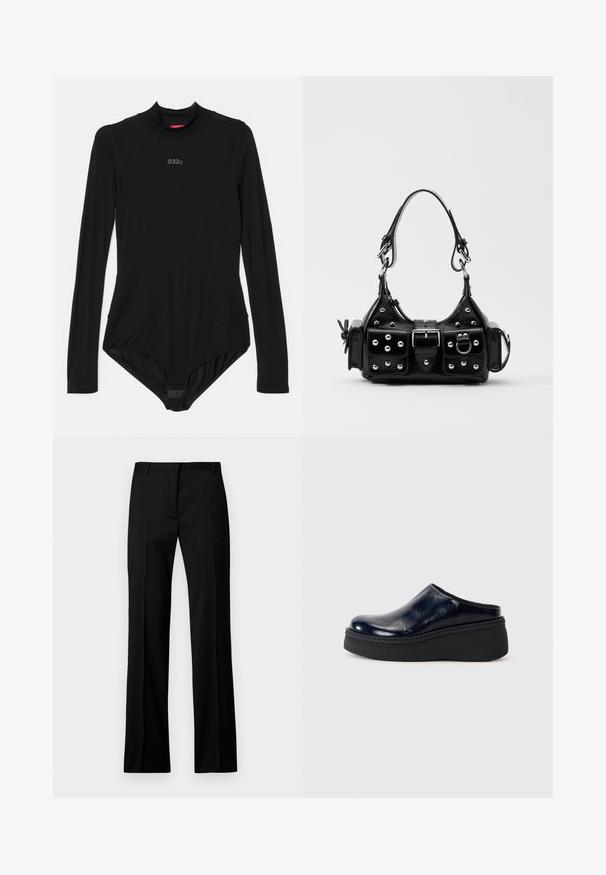 Black long-sleeve bodysuit made from stretchy fabric, featuring a high neckline, subtle branding on the chest, and snap closures at the bottom.; Black straight-leg trousers in smooth fabric, featuring a flat front, belt loops, and no visible pockets or embellishments.; Navy blue patent leather clog with a smooth finish, featuring a thick black platform sole and visible stitching along the base.; Black leather handbag with a curved design, featuring silver studs, a buckle, and two side pockets. Adjustable strap for carrying options.