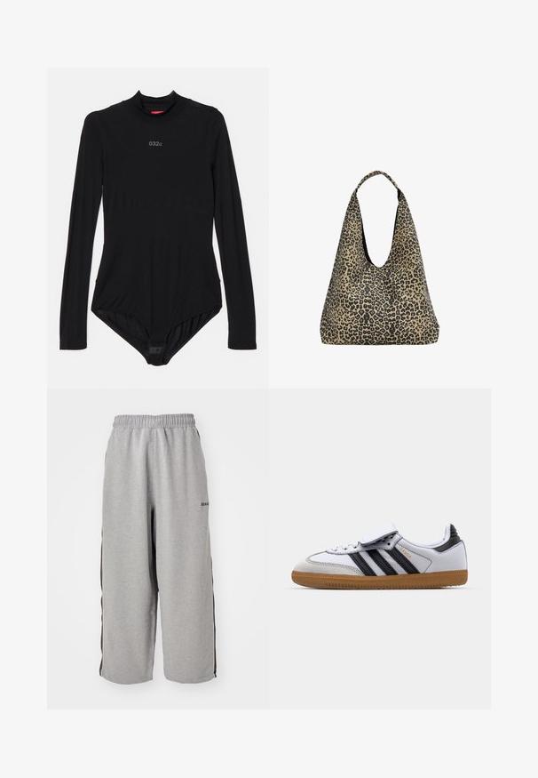 Body nero a maniche lunghe realizzato in tessuto elasticizzato, con colletto alto, branding discreto sul petto e chiusure a pressione sul fondo.; Pantaloni grigi in felpa realizzati in tessuto morbido, con vita elasticizzata, lunghezza cropped e strisce laterali nere per contrasto.; Sneaker bianco in pelle con strisce nere e accenti grigi, dotato di punta rotonda e suola in gomma naturale. Chiusura con velcro e lacci.; PULL&BEAR Shopping bag - mottled dark brown