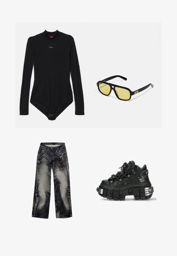 Schwarzer Langarm-Body aus dehnbarem Stoff, mit hohem Kragen, dezentem Branding auf der Brust und Druckknöpfen im Schritt.; Schwarze Denim-Breitbeinhosen mit einem strukturierten, verblassten Muster, ausgestattet mit fünf Taschen und einem Knopfverschluss. Glattes Material mit einem leicht glänzenden Finish.; Schwarze Ledersneaker mit dickem Gummi-Sohle und metallischen Akzenten. Verfügt über runde Schnürsenkel und einen verstärkten Zehenbereich, der durch silberne Hardware gekennzeichnet ist.; GCDS UNISEX - Sonnenbrille - shiny black