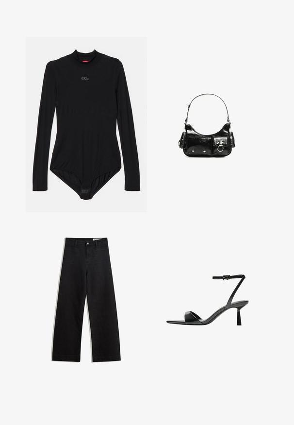 Schwarzer Langarm-Body aus dehnbarem Stoff, mit hohem Kragen, dezentem Branding auf der Brust und Druckknöpfen im Schritt.; Schwarze weit geschnittene Jeans mit hoher Taille, ausgestattet mit Vorder- und Hintertaschen, gesteppten Nähten und einem Knopfverschluss. Glatte Textur.; Bershka High Heel Sandalette - black; Schwarze Lackleder-Handtasche mit geschwungenem Design, einem Schulterriemen, Vordertaschen und silberfarbenen Hardware-Akzenten.