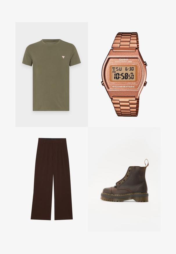 Olive green short-sleeve t-shirt made of cotton, featuring a small triangular logo in red and white on the left chest area.; Brown wide-leg trousers with pleats. Made of a smooth fabric, featuring a tailored waistband and side pockets. Flat hem at the bottom.; Brown leather ankle boot with a round toe, contrasting yellow stitching, decorative metal eyelets, and a grooved rubber sole.; Digital Casio watch with a rose gold metal band, rectangular case, illuminated display, and water resistance, showing time and date.