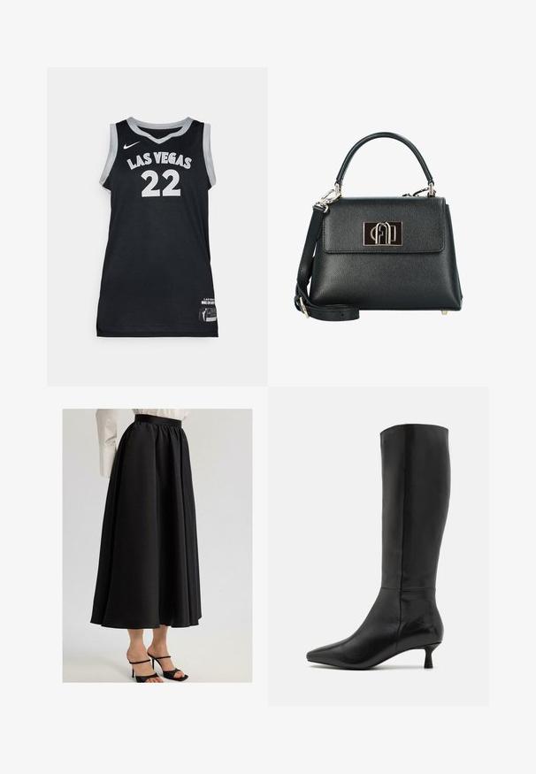 Czarna koszulka koszykarska z napisem "LAS VEGAS" i numerem "22" w białym kolorze. Wykonana z siateczkowego materiału, z szarym wykończeniem i metką na dole.; Czarna długa spódnica z gładkiego materiału, z marszczonym pasem i swobodnym krojem, w połączeniu z czarnymi sandałami na cienkich obcasach.; Zign - Kozaki; Czarna torebka skórzana o teksturowanym wykończeniu z wyraźnym kształtem, wyposażona w górny uchwyt, odpinany pasek na ramię oraz zapięcie z logo w kolorze złotym.