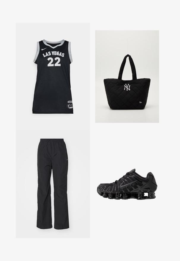 Černý basketbalový dres s nápisem "LAS VEGAS" a číslem "22" v bílé barvě. Vyroben z síťoviny, s šedým lemováním a štítkem na lemu.; Černé, lehké kalhoty s elastickým pasem a stahovací šňůrkou. Mají texturovaný povrch a malé reflexní logo na boku.; Černá sportovní bota s síťovaným svrškem a lesklými detaily. Má zakřivené odpružení z pružin a texturované linie na straně. Viditelné logo Nike.; Prošívaná černá taška na rameno s dvojitými uchy, s bílým logem New York Yankees a malým emblémem značky na boku.
