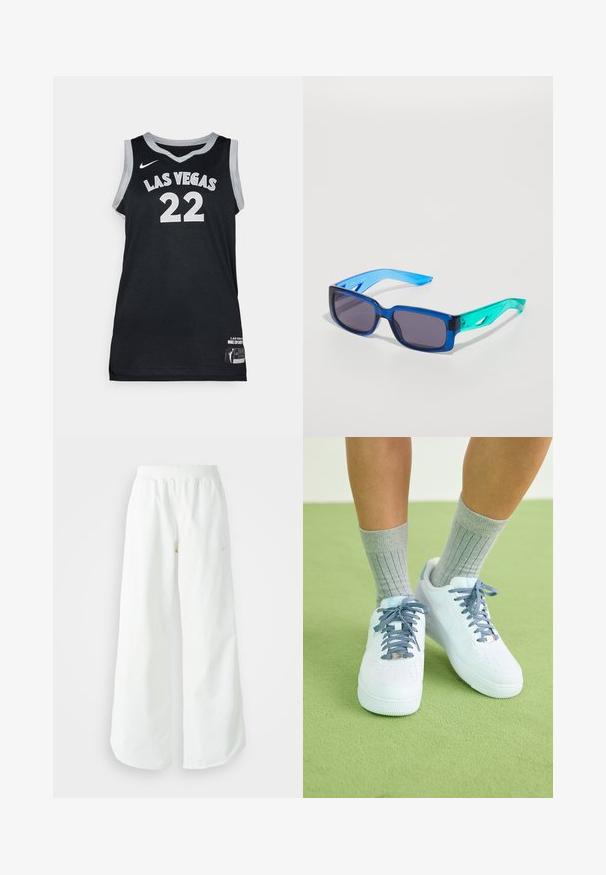 Maillot de basket noir avec "LAS VEGAS" et le numéro "22" en blanc. Fabriqué en tissu en maille, il présente des bordures grises et une étiquette sur l'ourlet.; Pantalons de sport larges blancs avec une taille côtelée et un discret logo. Tissu lisse avec une coupe décontractée et un bas effilé.; Des baskets en cuir blanc avec des accents bleus, un design de bout perforé et des lacets texturés bleu et blanc, portées avec des chaussettes grises à côtes.; Lunettes de soleil bleues et vertes avec des verres rectangulaires ; monture transparente ; branches bleues texturées ; verres sombres ; marque notable sur le côté.