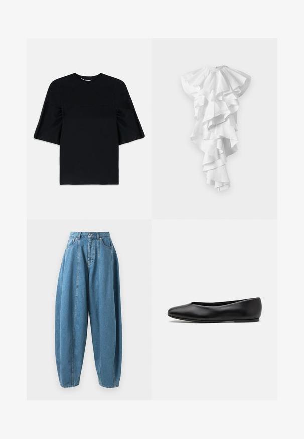 Czarna bluzka z krótkim rękawem, z szerokimi, rozkloszowanymi rękawami i okrągłym dekoltem, wyeksponowana na białym tle.; Biała asymetryczna sukienka z wieloma warstwami falbanek spływających z przodu i sięgających dłużej z jednej strony, bez widocznych wzorów.; Jeans z wysokim stanem, luźne, niebieskie, z zakładkami, przednimi kieszeniami, szlufkami na pasek oraz zapięciem na guzik i zamek błyskawiczny.; Paul Smith TOPANGA czarny