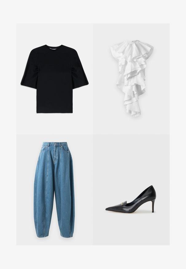 Czarna bluzka z krótkim rękawem, z szerokimi, rozkloszowanymi rękawami i okrągłym dekoltem, wyeksponowana na białym tle.; Biała asymetryczna sukienka z wieloma warstwami falbanek spływających z przodu i sięgających dłużej z jednej strony, bez widocznych wzorów.; Jeans z wysokim stanem, luźne, niebieskie, z zakładkami, przednimi kieszeniami, szlufkami na pasek oraz zapięciem na guzik i zamek błyskawiczny.; Czarny skórzany czórek na wysokim obcasie z ostrym noskiem, niskim przodem i dekoracyjnym złotym akcentem. Posiada szpilkowy obcas oraz gładką fakturę.
