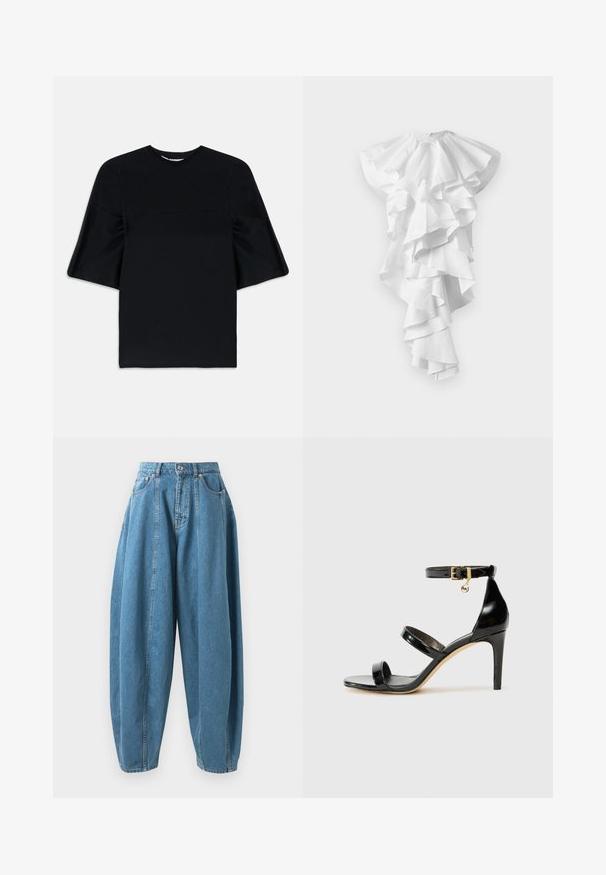Schwarzes Kurzarmoberteil mit weiten, ausgestellten Ärmeln und rundem Halsausschnitt, vor einem weißen Hintergrund präsentiert.; Weißes asymmetrisches Kleid mit mehreren geschichteten Volants, die vorne hinunterfallen und auf einer Seite länger sind, ohne sichtbare Muster.; Hoch taillierte, locker sitzende blaue Jeans aus Denim mit Falten, Fronttaschen, Gürtelschlaufen und einem Knopf- und Reißverschluss.; Schwarze Lackleder-Sandale mit drei Riemen, Knöchelriemen und 10 cm hohen Stiletto-Absatz. Verfügt über goldfarbene Hardware-Details und ein Logo-Charm.