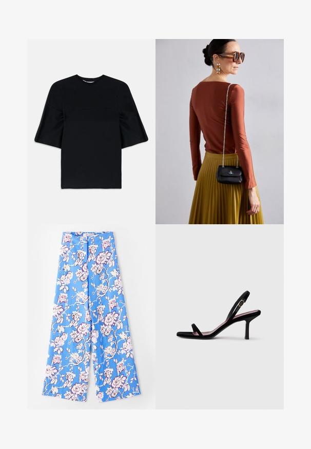Zwart kort mouwtop met brede, uitlopende mouwen en een ronde halslijn, weergegeven op een witte achtergrond.; Blauwe bloemenbroek met een pastelrozenpatroon. De stof is glad met een comfortabele pasvorm, wijde pijpen en een elastische tailleband.; Zwarte suede dames hooggehakte sandaal met smalle bandjes en een gouden gesp op een witte achtergrond, zijaanzicht.; Vivienne Westwood SMALL PURSE CHAIN - Schoudertas - black