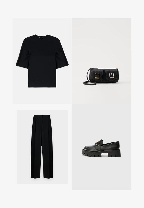Black short-sleeve top with wide, flared sleeves and a round neckline, displayed on a white background.; Black wide-leg trousers with a high waist, featuring pleats and a smooth texture. The fabric appears lightweight and drapes elegantly.; Black leather loafers with a chunky sole, featuring a gold-tone accent on the front and a smooth finish. Chunky tread design on the sole.; Black leather crossbody bag with two front pockets, gold buckles, zipper closure, and a slim strap. Textured surface and compact rectangular shape.