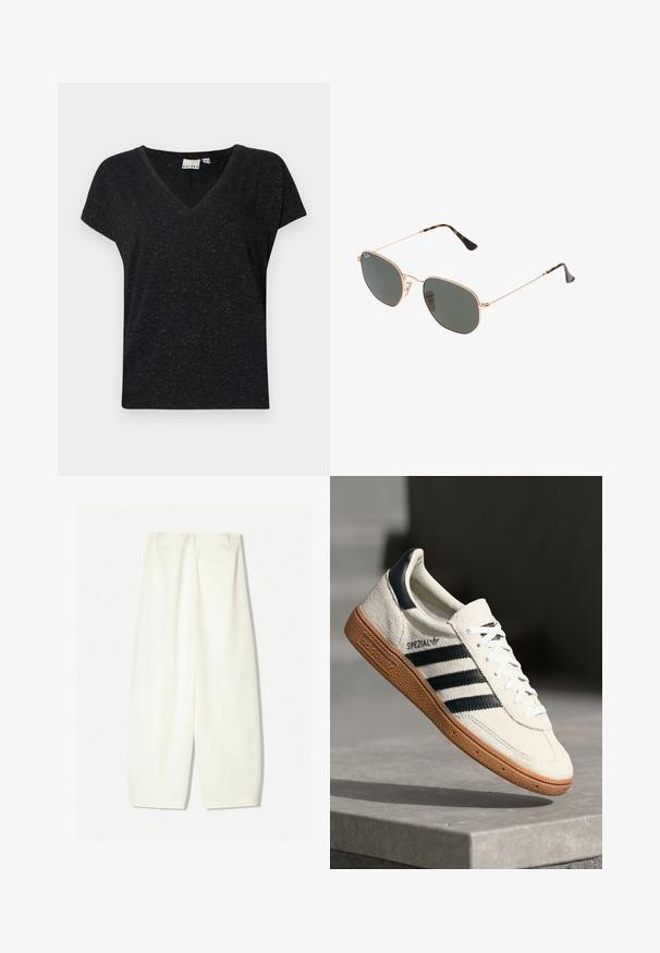 Musta v-paitapusero lyhyillä hihoilla, jossa on teksturoitu kangas ja rento istuvuus. Tagi näkyvissä kaula-aukon sisäpuolella.; Kapeet, jotka ovat leveät ja valmistettu pehmeästä kermanvärisestä kankaasta, jossa on sileä pinta, etutaskut ja rento malli, keskiampuilla.; Valkoinen nahan näköinen sneaker, jossa on tummansinisiä raitoja, kuminen pohja, teksturoitu yläosa, pyöreä kärki ja nauhoitus; sisältää brändäystä sivussa ja kielekkeessä.; Kultaa metallikehyksiset aurinkolasit tummanvihreillä linsseillä, pilottilaatuinen tyyli, jossa on kapeat varret ja kilpikonnakuosiset korostukset päissä.