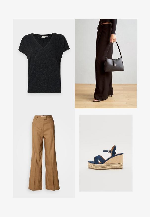 Black v-neck t-shirt with short sleeves, featuring a textured fabric and a casual fit. Tag visible inside the neckline.; Brown wide-leg pants made of lightweight fabric. Features a flat front, belt loops, and a tailored silhouette with an ankle-length cut.; Navy blue wedge sandal with crossed straps, a textured natural fiber platform, and a gold metallic accent on the base.; Black handbag with structured shape, smooth texture, and a metallic clasp. Paired with wide black pants and open-toe sandals on wooden floor.