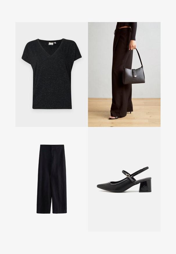 Černé tričko s výstřihem do V a krátkými rukávy, vyrobené z texturované látky a s volným střihem. Štítek viditelný uvnitř límce.; Černé široké kalhoty vyrobené z lehkého materiálu. Mají plochý pas s předním zipem a kapsami, vhodné jak pro neformální, tak formální nošení.; Černé lakované lodičky s otevřenou patou, špičatou špičkou, zaobleným střihem a blokovým podpatkem. Zdobené akcentem v zlatém tónu.; Černá kabelka se strukturovaným tvarem, hladkým povrchem a kovovým uzávěrem. Kombinována s širokými černými kalhotami a sandály s otevřenou špičkou na dřevěné podlaze.