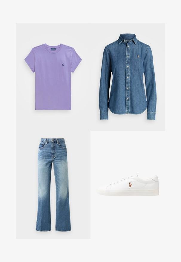 Īsām piedurknēm, apaļa kakla T-kreklu no mīksta lavandas krāsas kokvilnas. Uz krūtīm ir neliels tumši zils logo. Gluda tekstūra ar standarta piegriezumu.; Tumši zilas denim krekli ar pogām un garām piedurknēm, klasiskā apkakle, kā arī neliela izšūta emblēma uz krūtīm. Iekļautas metāla pogas.; Gaiši zili augstās jostasvietas džinsi, ar plašu kāju griezumu, izbalējušu tekstūru, piecām kabatām un metāla pogu aizdari.; Baltas ādas sporta apavi, zema dizaina, ar gludu tekstūru, noapaļotu purngalu, ar auklēm priekšpusē un nelielu izšūtu logotipu sānos.