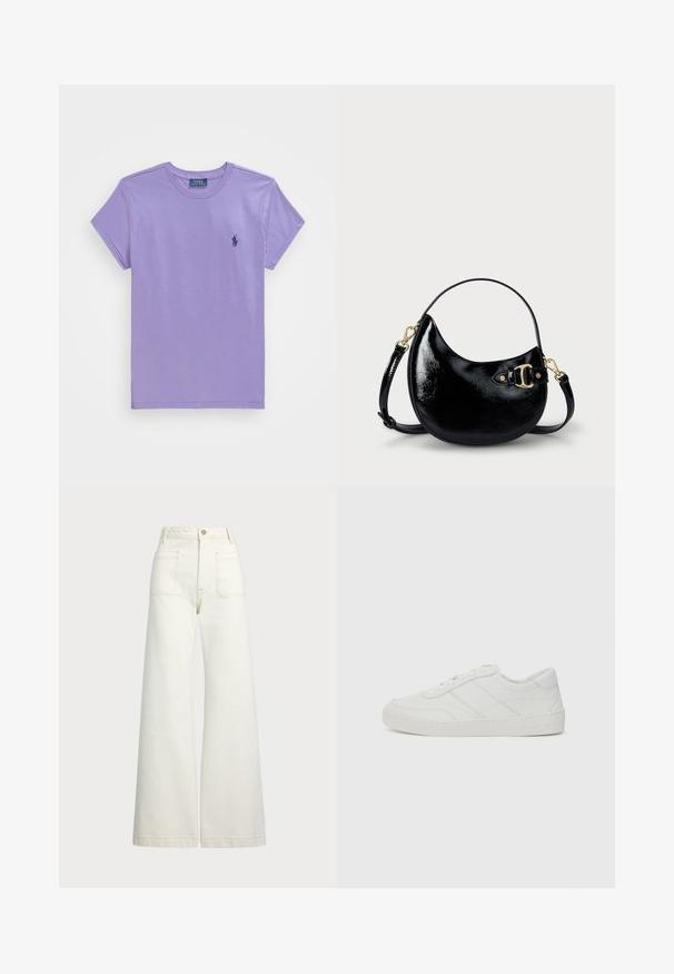 Trumpas rankovėmis, apvaliu kaklu marškinėliai, pagaminti iš minkštos levandų spalvos medvilnės. Ant krūtinės yra mažas tamsiai mėlynas logotipas. Lygus paviršius su standartiniu pritaikymu.; Plati kojinės džinsai of white denimo. Aukštas liemuo, su mygtuko uždarymu, dviem priekinėmis kišenėmis ir kontrastingai siuvinėjimu.; Baltos odinės sportinės bateliai su plokščiomis raišteliais, apvaliu nosiu ir subtiliomis siuvinėjimo detalėmis. Turi tekstūruotą pado paviršių ir iškilų prekės ženklą ant kulno.; Juodas patentuotas odinis rankinukas su išlenkta forma, reguliuojamu diržu ir auksinių tonų detale šone. Lygus, blizgus paviršius.