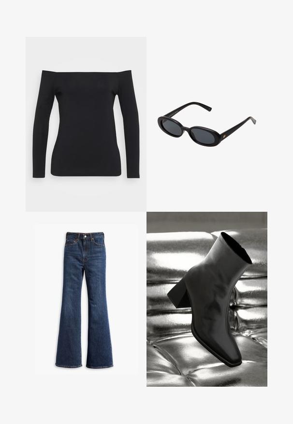 Juodas ilgomis rankovėmis viršus su nušauto pečių dizainu, pagamintas iš glotnaus, elastingo audinio, turintis prigludusią siluetą ir be matomų raštų.; Aukštos juosmens tamsiai mėlyni džinsai su pločio kojomis, priekinis mygtukas ir užtrauktukas, bei penkių kišenių dizainas.; Juodos kulkšnies botai, pagaminti iš blizgaus medžiagos, su kvadratine padu ir siauru kulnu, prieš blizgiai sidabrinį pūsto audinio foną.; Juodos didelės saulės akinių su ovaliais objektyvais, lygia plastiko rėmeliu ir aukso akcentais ant šventyklos. Tamsūs objektyvai suteikia apsaugą nuo saulės.