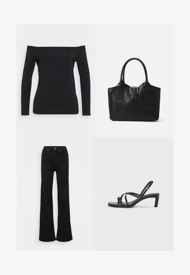 Fekete, hosszú ujjas felső, off-the-shoulder kialakítással, sima, rugalmas anyagból készült, testhezálló sziluettel és látható minták nélkül.; Fekete, trapéz szabású farmernadrág, magas derékkal, öt zsebbel és fémből készült gombos zárással. Simább textúrájú, minimális díszítéssel.; Fekete pántos szandál négyzetes orral és alacsony blokk sarkal. Több vékony pánttal és állítható boka pánttal rendelkezik. Sima bőrből készült.; Fekete bőr bevásárlótáska sima textúrával, strukturált formával, két fogantyúval és egy figyelemfelkeltő ezüst csattal az elején.