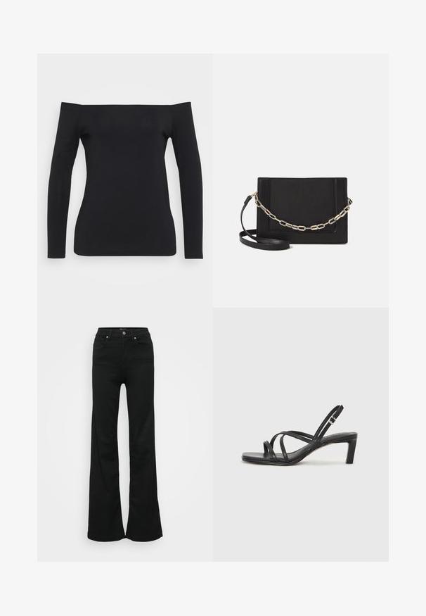 Schwarzes Langarmoberteil mit schulterfreiem Design, aus einem glatten, dehnbaren Stoff gefertigt, mit taillierter Silhouette und ohne sichtbare Muster.; Schwarze, ausgestellte Jeans aus Denim, mit hoher Taille, fünf Taschen und Metallknopfverschluss. Glatte Textur mit minimaler Gestaltung.; Schwarze Sandale mit Riemchen, quadratischer Zehenform und niedrigem Blockabsatz. Verfügt über mehrere dünne Riemen und einen verstellbaren Knöchelriemen. Hergestellt aus glattem Leder.; Schwarze Leder-Crossbody-Tasche mit glatter Textur, rechteckiger Form und metallic-kettendetail auf der Vorderseite. Verstellbarer Gurt inklusive.
