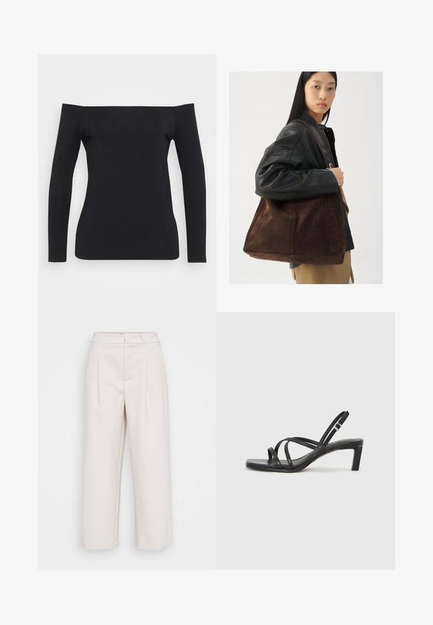 Black long-sleeve top with an off-the-shoulder design, made from a smooth, stretchy fabric, featuring a fitted silhouette and no visible patterns.; Beige wide-leg trousers made of smooth fabric, featuring two front pleats, a waistband with belt loops, and a straight hem.; Black strappy sandal with a square toe and a low block heel. Features multiple thin straps and an adjustable ankle strap. Made of smooth leather.; Brown suede tote bag with a wide shape and soft texture, featuring a single strap and minimal hardware against a neutral backdrop.