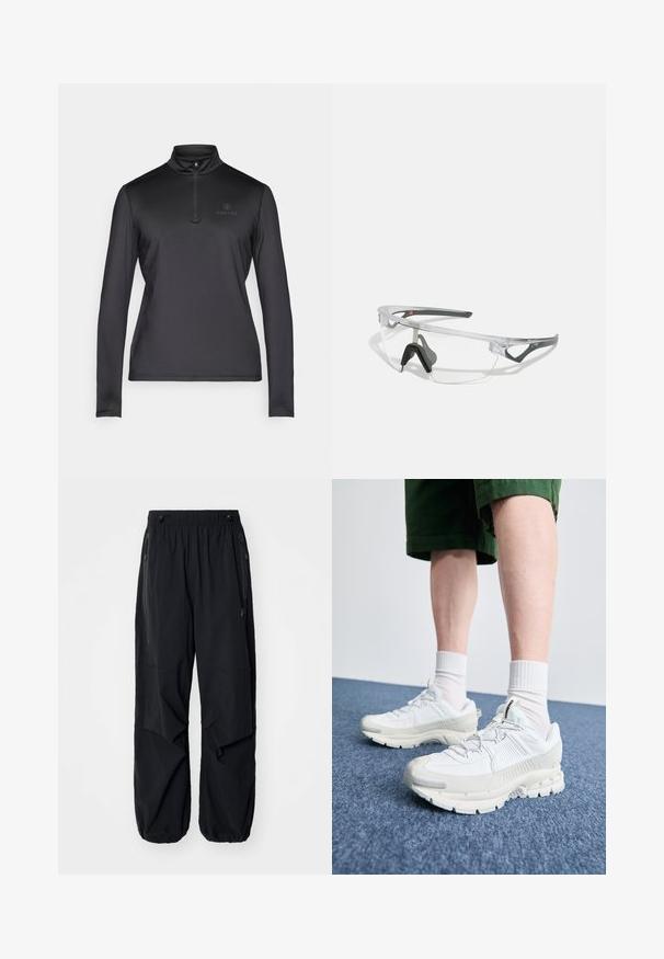 Schwarzer Pullover mit langen Ärmeln und halbem Reißverschluss am Kragen. Hergestellt aus leichtem, glattem Stoff. Verfügt über ein dezentes Logo auf der oberen linken Brust.; Schwarze leichte Cargo-Hosen mit elastischem Bund, seitlichen Reißverschlüssen und geräumigen Taschen. Bietet eine lockere Passform und tapered Bündchen.; Weiße Sportschuhe mit strukturierten Überzügen, einer dicken Sohle und grauen Akzenten. Tragen mit weißen Crew-Socken und grünen Shorts auf einer blauen Oberfläche.; Klare Schutzbrille mit einem leichten, transparenten Rahmen und grauen Akzenten. Verfügt über ein umschließendes Design und ein verstellbares Nasenstück.